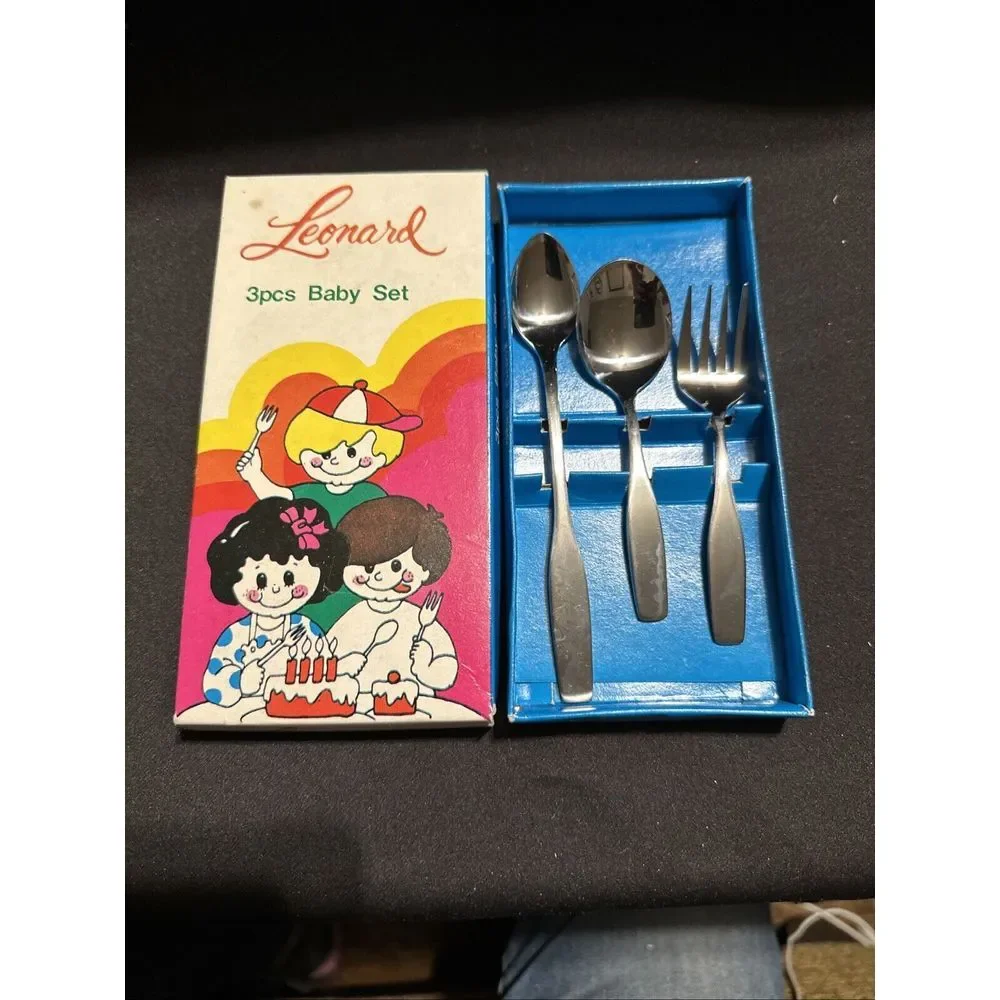 Vintage Leonard Silver Co.‎ Stainless 3 Piece Baby Flatware Set Mint in Box NIB